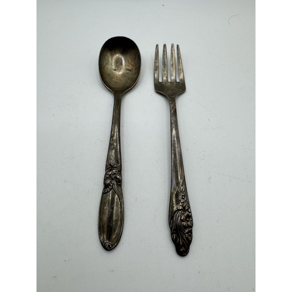 Community Silverplate White Orchid Baby Spoon & Fork Set Floral Vintage Nursery